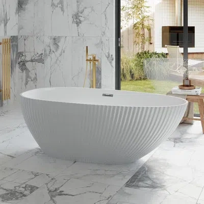 Idealhouse 59 Inch Freestanding Bathtub - Eggshell Vertical Ribbed Texture, All White Acrylic Deep Soaking Tub 