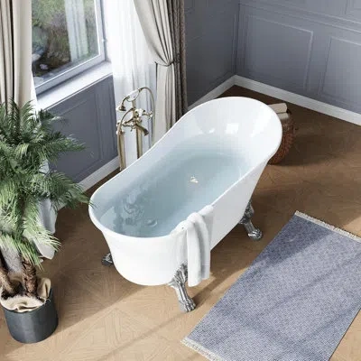 Idealhouse 67" Freestanding Acrylic Clawfoot Tub, Heavy Duty Slipper Bathtub With Feet, Drain And Overflow, Glo In Glossy White