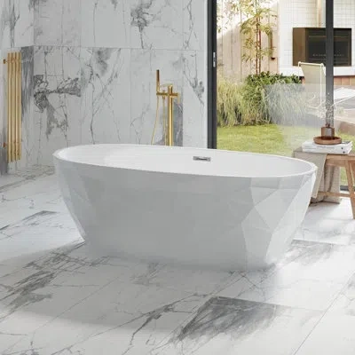 Idealhouse 67 Inch Freestanding Acrylic Bathtub - Diamond-look Glossy Finish, All White Luxury Soaking Tub With