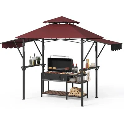 Idealhouse 8x5 Ft Grill Gazebo With Adjustable Dual Side Awnings, 2-tier Bbq Gazebo Grill Shelter With 2 Handy  In Red