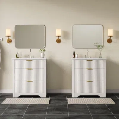Idealhouse Farmhouse Bathroom Vanity 30", Fluted Freestanding Cabinet With Sink, 2 Drawers, Flip-down Drawer, N In White