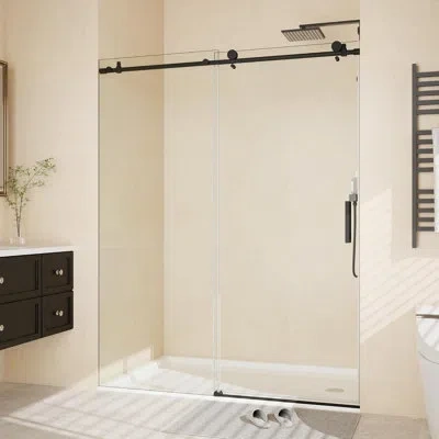 Idealhouse Frameless Sliding Shower Door 56-60 Inch Wã—76 Inch H, Stainless Steel Round Rail With 55 Rollers, 8 In Black