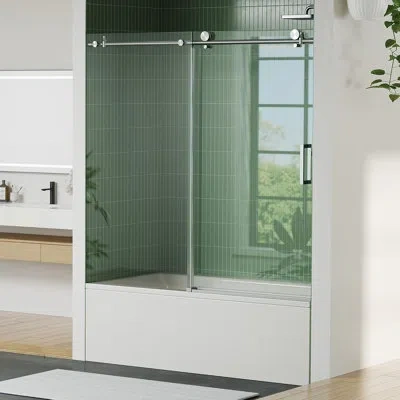 Idealhouse Frameless Sliding Shower Door 56-60 Inch Wã—76 Inch H, Stainless Steel Round Rail With 55 Rollers, 8 In Silver