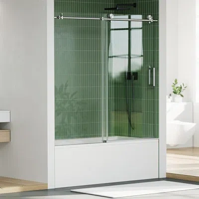 Idealhouse Frameless Sliding Shower Door 56-60 Inch Wã—76 Inch H, Stainless Steel Round Rail With 55 Rollers, 8 In Silver