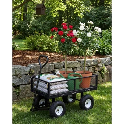 Idealhouse Heavy Duty 400 Lbs Steel Garden Cart Wagon – Utility Yard Cart – 10" All-terrain Pneumatic Tires – R In Black