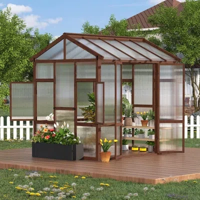 Idealhouse Heavy Duty Wooden Greenhouse 6x8 Ft For Outdoor - Walk-in Kit With 6mm Polycarbonate Panels, Ventila