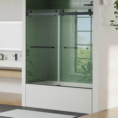 Idealhouse Shower Doors Glass Sliding 60 Inches, Frameless Enclosure With Square Stainless Steel Rail, 8mm Coat In Matte Black