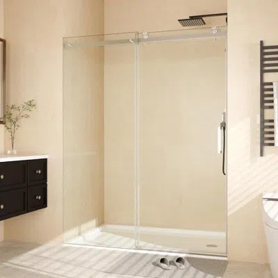 Idealhouse Shower Doors Glass Sliding 60 Inches, Frameless Enclosure With Square Stainless Steel Rail, 8mm Coat In Silver