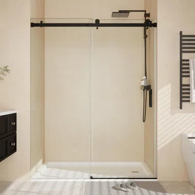Idealhouse Shower Doors Glass Sliding, Frameless Enclosure With Square Stainless Steel Rail, 8mm Coated Tempere In Matte Black
