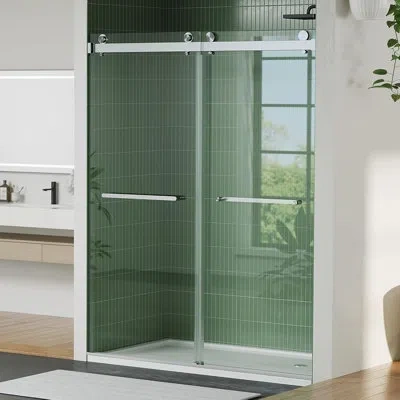 Idealhouse Shower Doors Glass Sliding, Frameless Enclosure With Square Stainless Steel Rail, 8mm Coated Tempere In Silver