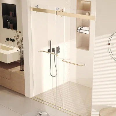 Idealhouse Sliding Glass Shower Door Frameless Shower Door In Stainless Steel, Tempered Glass Shower Doors With In Gold