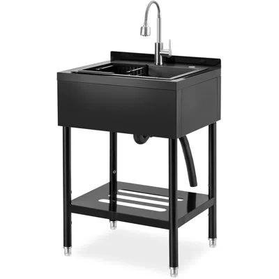 Idealhouse Stainless Steel Freestanding Utility Sink With Pull-out Faucet, Single Bowl Slop Sink For Laundry Ro