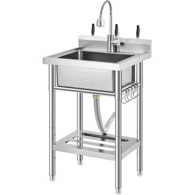 Idealhouse Stainless Steel Freestanding Utility Sink With Pull-out Faucet, Single Bowl Slop Sink For Laundry Ro