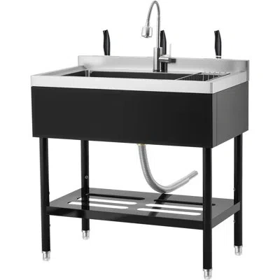 Idealhouse Stainless Steel Freestanding Utility Sink With Pull-out Faucet, Single Bowl Slop Sink For Laundry Ro In Black