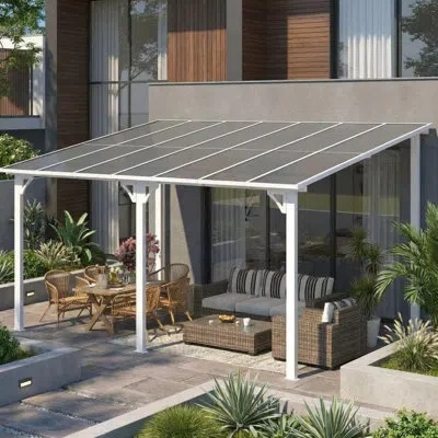 Idealhouse Wall Mounted Gazebo, Hardtop Lean To Pergola With Sloped Roof & Gutters, Heavy Duty Outdoor Awning F In White