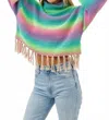 Idem Ditto Addie Colorful Striped Sweater With Fringe In Rainbow In Blue