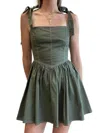 Idem Ditto Fierce Pocketed Linen Shoulder Tie Mini Dress In Olive In Green