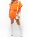 Idem Ditto Let's Go Girls Denim Gameday Romper In Orange In Orange