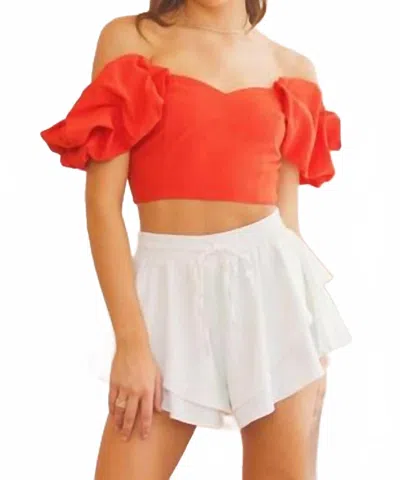 Idem Ditto Off Shoulder Crop Top With Pleated Sleeves In Red