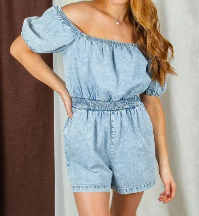 Idem Ditto Playful Perfection Off Shoulder Pocketed Romper In Denim
