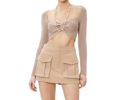 Idem Ditto Ribbed Front Knot Sweater Crop Top In Frappuccino