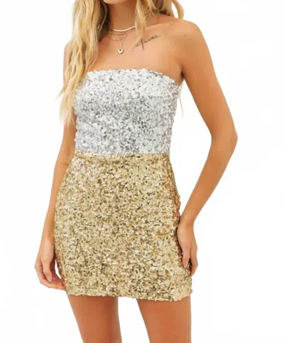 Idem Ditto Sparkling Two Tone Color Block Sequin Stretchy Mini Dress In Silver/ Gold In Multi