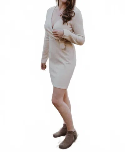 Idem Ditto Tie Long Sleeve Ribbed Mini Dress In Cream In White