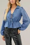 Idem Ditto Washed Cotton Denim Double Tie Front Long Sleeve Top In Blue In Blue