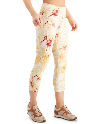 Ideology Women's Activewear Printed Cropped Leggings In Tie Dye White Combo In Neutral