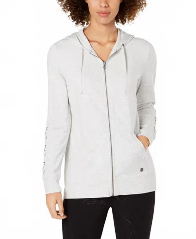 Ideology Womens Activewear Lace Up Sleeve Zip Hoodie In White Heather