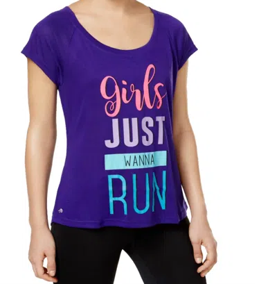 Ideology Womens Girl Just Wanna Run Graphic Print Short Sleeves T-shirt In Blazing Purple In Blue
