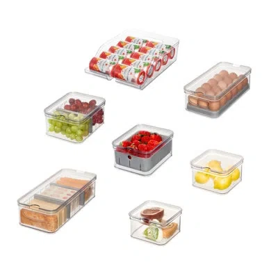 Idesign 7-piece Recycled Plastic Refrigerator Organizer Bin Set With Lids, Clear/gray