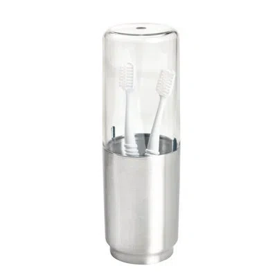 Idesign Austin Steel And Bpa-free Plastic Toothbrush Holder With Lid, Clear/brushed Nickel In Brushed;clear