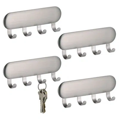 Idesign Self-adhesive Stainless Steel Key Rack With 4 Hooks - Key Holder For Wall, Set Of 4, Brushed