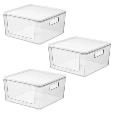 Idesign Stackable Open-front Bins With Lid, Set Of 3, Clear/white In Transparent
