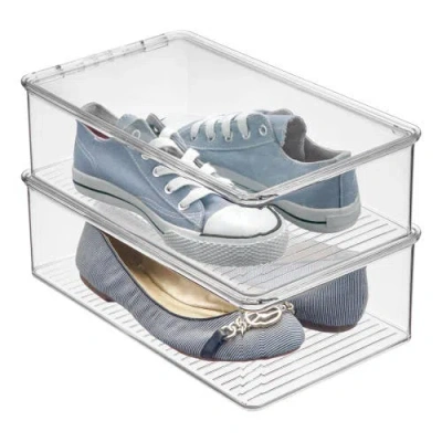 Idesign Stackable Plastic Shoe Box With Hinged-lid For Sneakers, Sandals, And Flats, Set Of 2, Clear In Gray