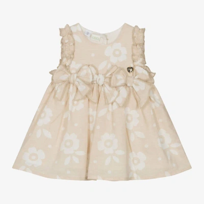 Ido Mini Baby Girls Beige Floral Linen Dress