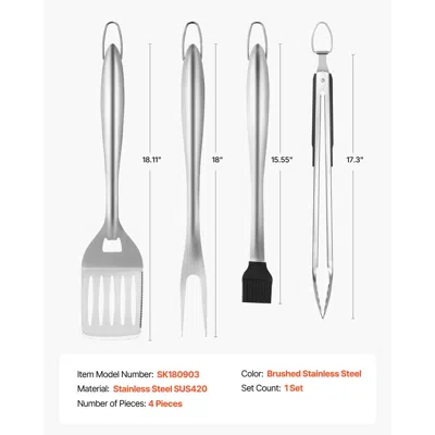 Idom Grilling Accessories, 4pcs Bbq Grill Tool Set, Heavy Duty Stainless Steel Barbecue Tools, Kitchen Ut In Silver