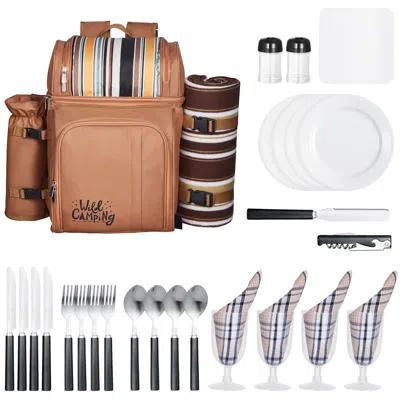 Idom Picnic Backpack, Beach Picnic Backpack Bag For 4 Person With Insulated Cooler Compartment, Detachabl