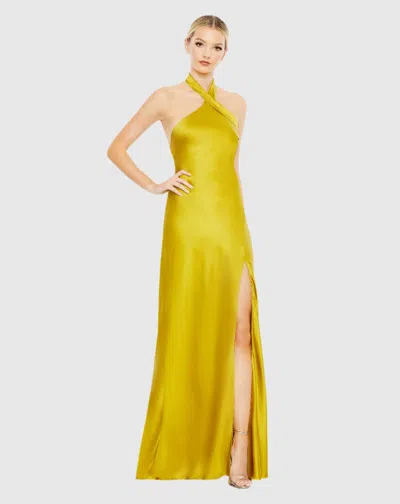 Ieena For Mac Duggal Asymmetrical Crisscross Halter Gown In Yellow