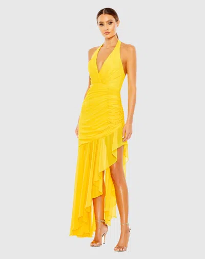 Ieena For Mac Duggal Asymmetrical Ruffle Hem Halter Strap Dress In Sunshine