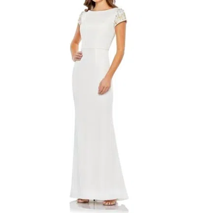 Mac Duggal Beaded Cap Sleeve Column Dress In White