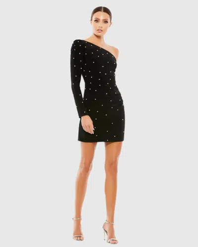 Mac Duggal Black Rhinestone Encrusted One Shoulder Long Sleeve Mini Dress