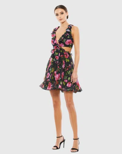 Mac Duggal Black Ruffle Cut Out Lace Up Flowy Mini Dress In Black Multi