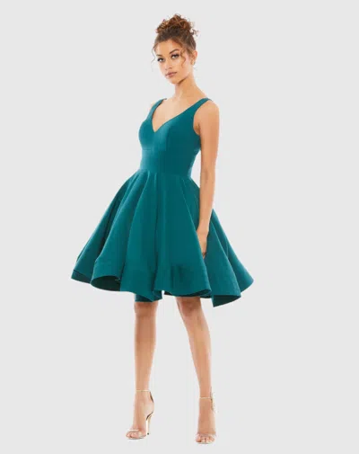 Ieena For Mac Duggal Blue V Neck Fit & Flare Mini Dress - Final Sale In Teal