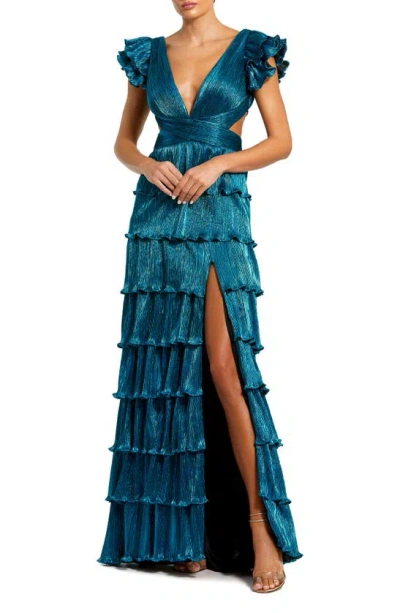 Ieena For Mac Duggal Cutout Ruffle Tiered Gown In Blue