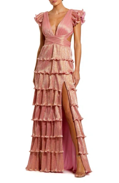 Ieena For Mac Duggal Cutout Ruffle Tiered Gown In Coral