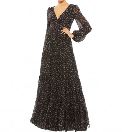 Mac Duggal Floral Ruffles Tiered Long Sleeve Maxi Dress In Black Multi