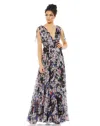 Mac Duggal Floral Tie Shoulder V-neck Maxi Dress In Multi
