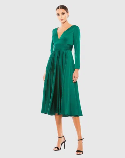 Ieena For Mac Duggal Green Plunge Neck Satin A-line Dress In Emerald